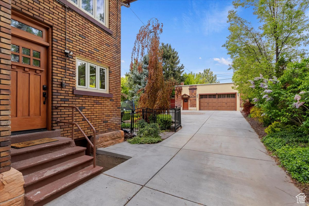 Exterior space with a garage