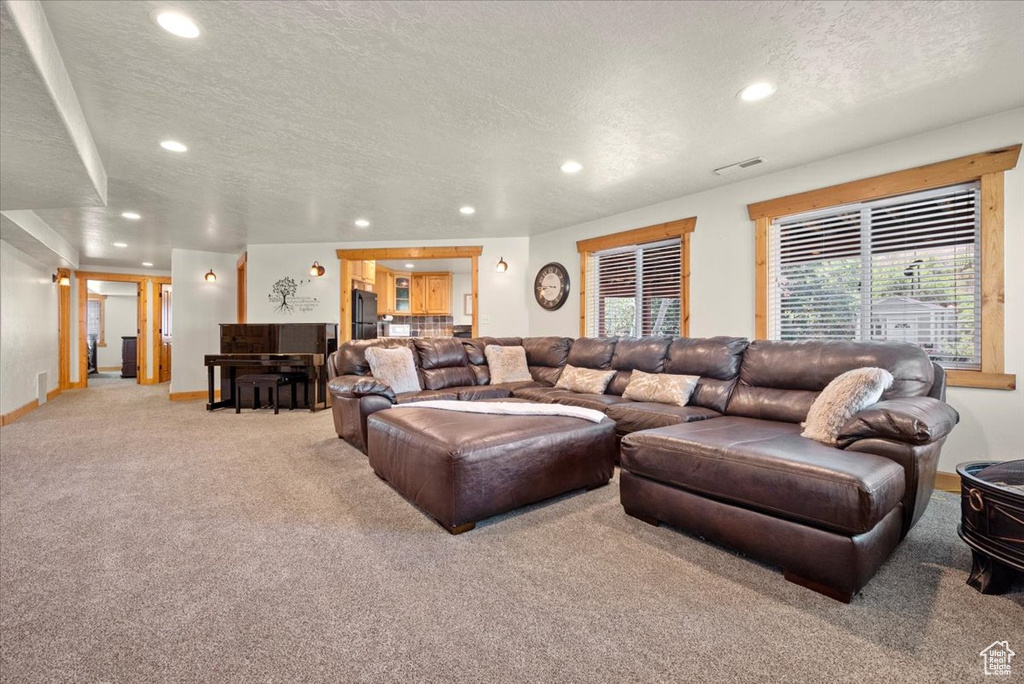 Living room with light colored carpet and a textured ceiling