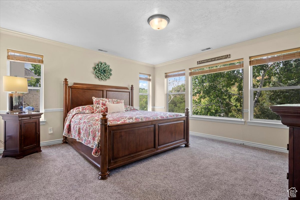 Bedroom with light colored carpet and ornamental molding