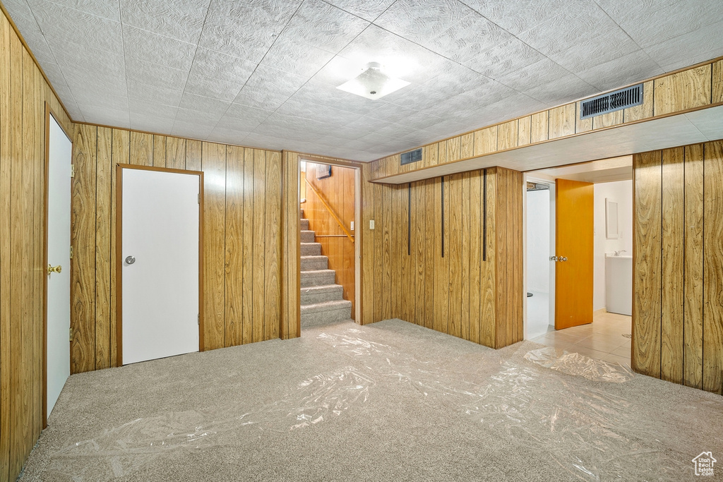 Basement featuring wood walls