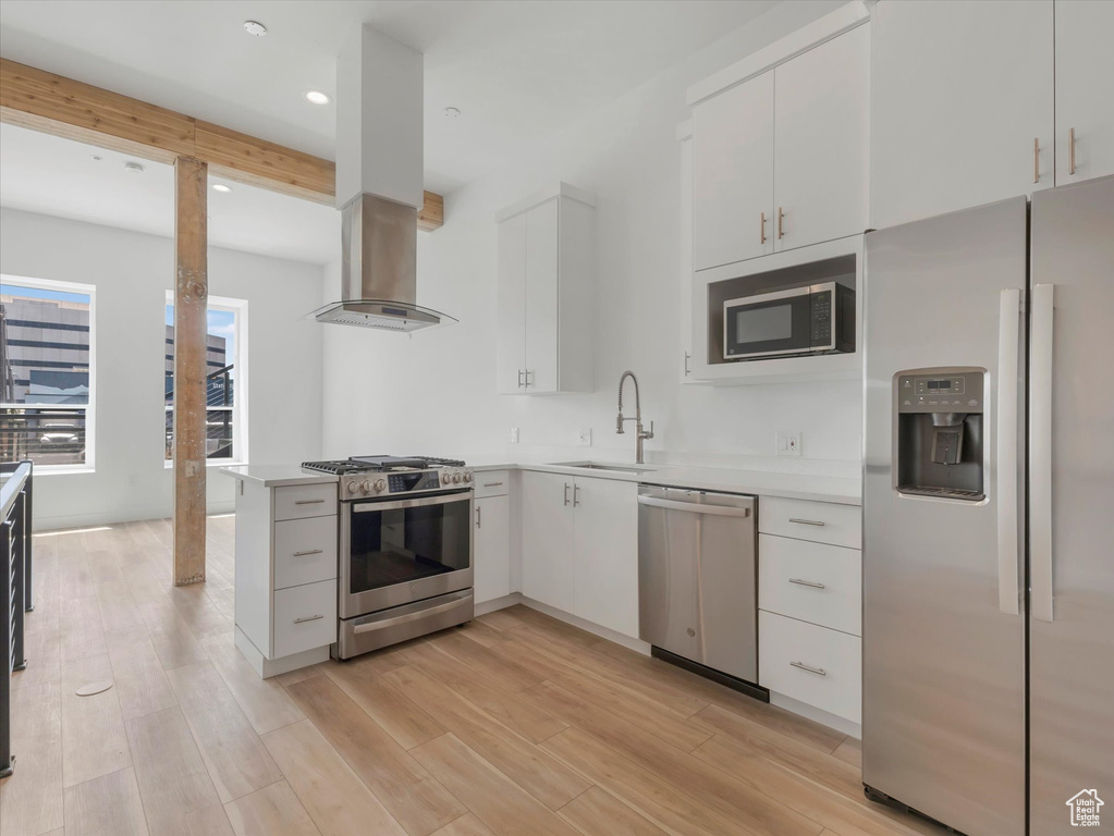 Kitchen with white cabinetry, stainless steel appliances, light hardwood / wood-style flooring, and sink