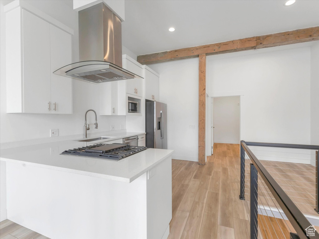 Kitchen with light wood-type flooring, white cabinets, stainless steel appliances, island range hood, and sink