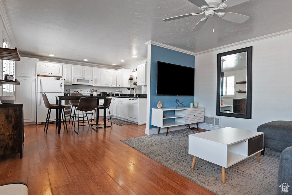 Living room featuring ceiling fan, wood-type flooring, sink, and ornamental molding