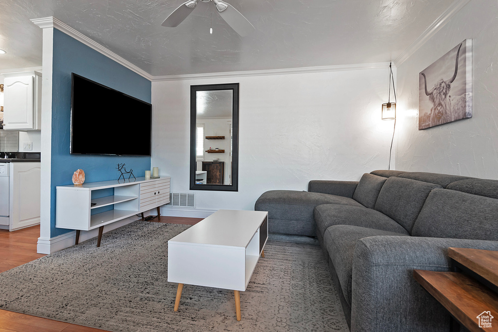 Living room featuring ceiling fan, hardwood / wood-style flooring, and ornamental molding