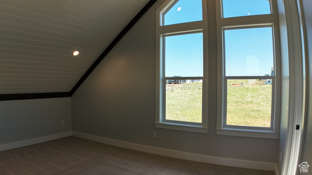 Additional living space with vaulted ceiling, carpet, and a healthy amount of sunlight