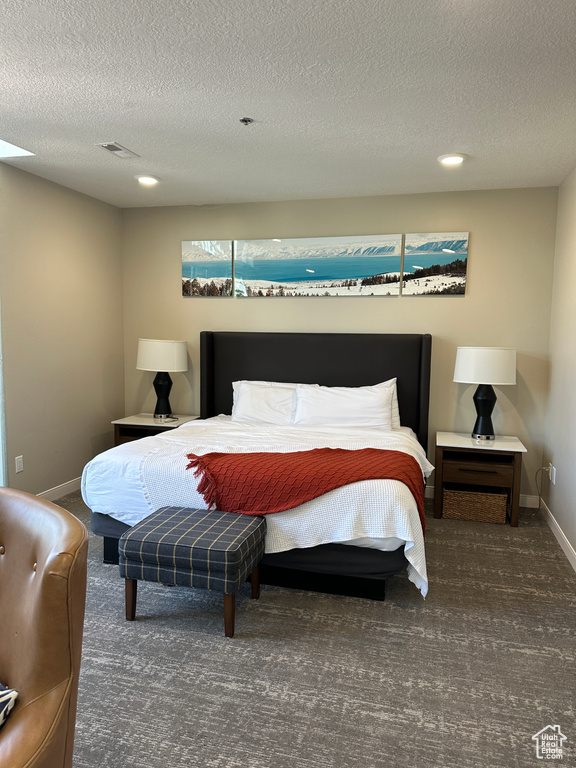 Carpeted bedroom with a textured ceiling