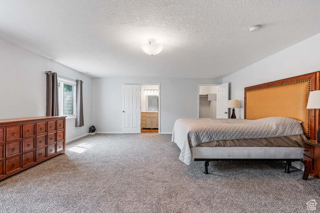 Carpeted bedroom with ensuite bathroom and a textured ceiling