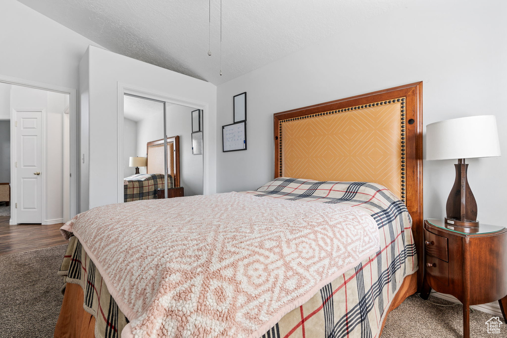 Carpeted bedroom with lofted ceiling and a closet