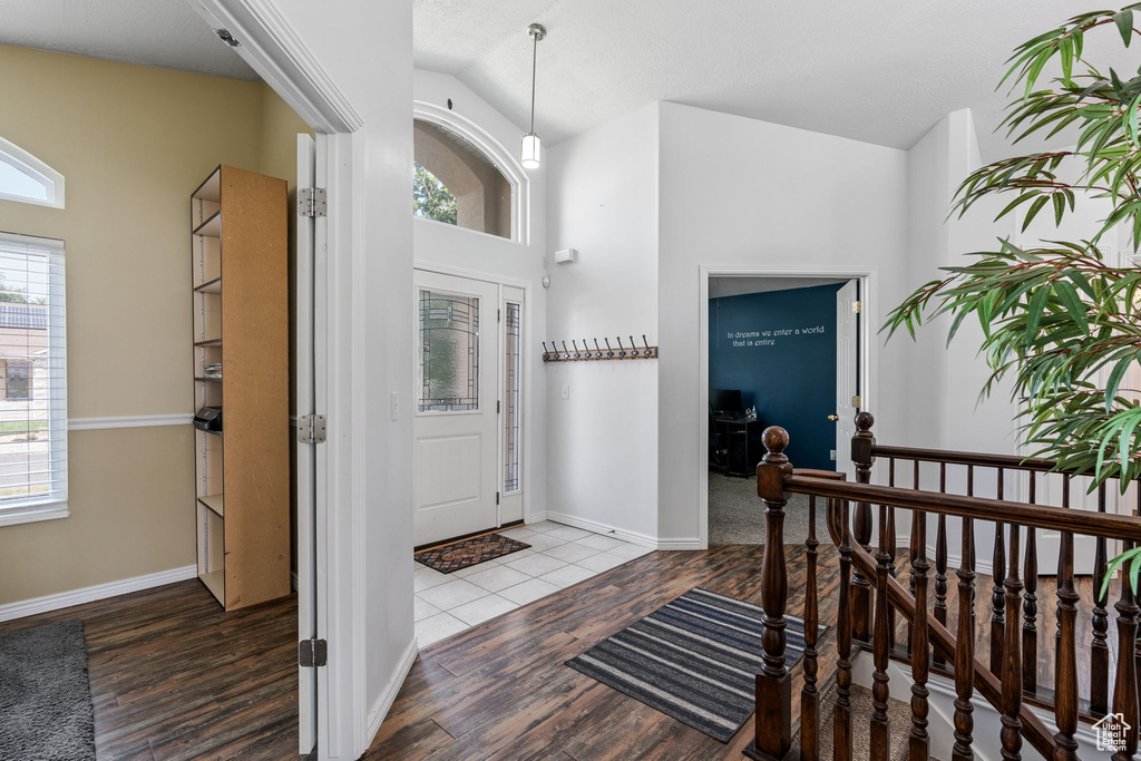 Entryway with hardwood / wood-style flooring, vaulted ceiling, and plenty of natural light