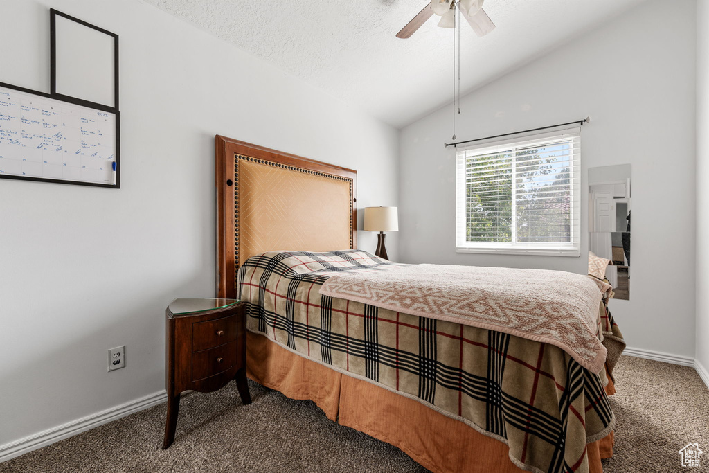 Carpeted bedroom with ceiling fan and vaulted ceiling