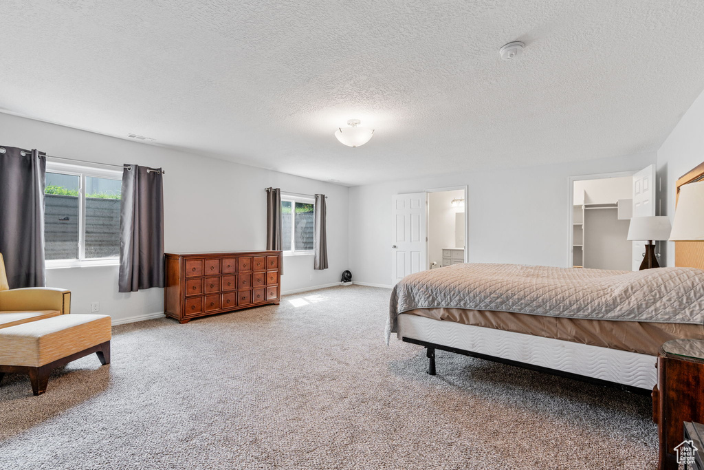 Bedroom with a textured ceiling, connected bathroom, a walk in closet, light carpet, and a closet