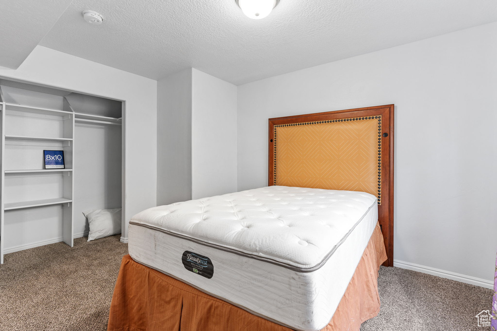 Bedroom with carpet flooring, a closet, and a textured ceiling