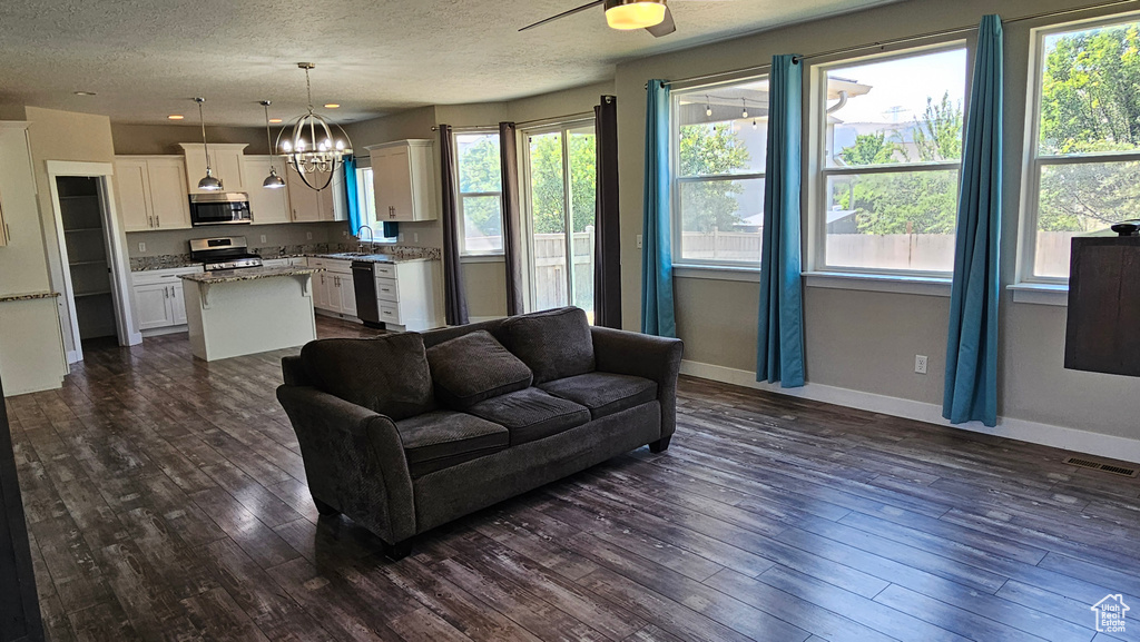 Living room with sink, dark hardwood / wood-style flooring, a notable chandelier, and a wealth of natural light