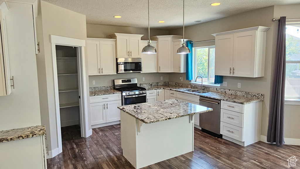 Kitchen with stainless steel appliances, white cabinets, sink, hanging light fixtures, and dark hardwood / wood-style floors