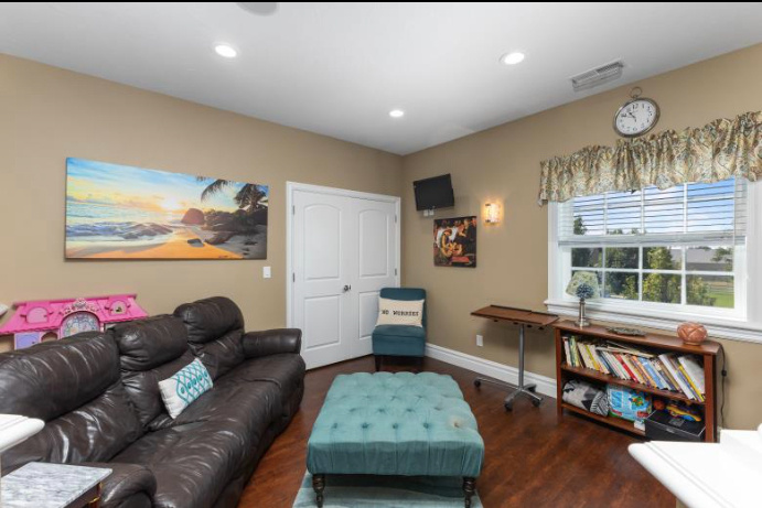 Living room featuring dark wood-type flooring