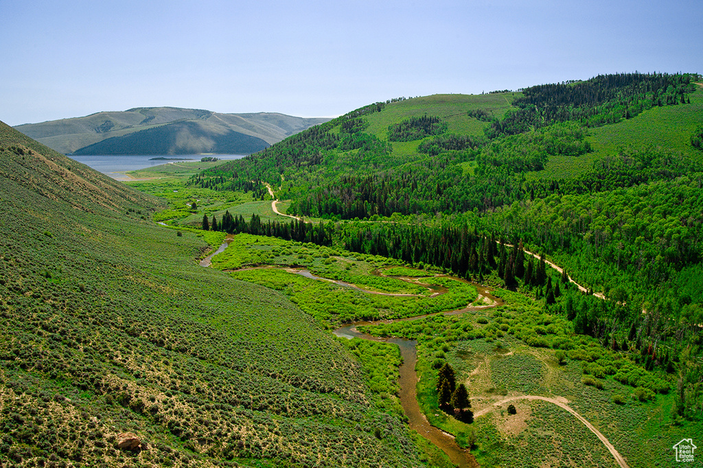 Mountain view featuring a water view