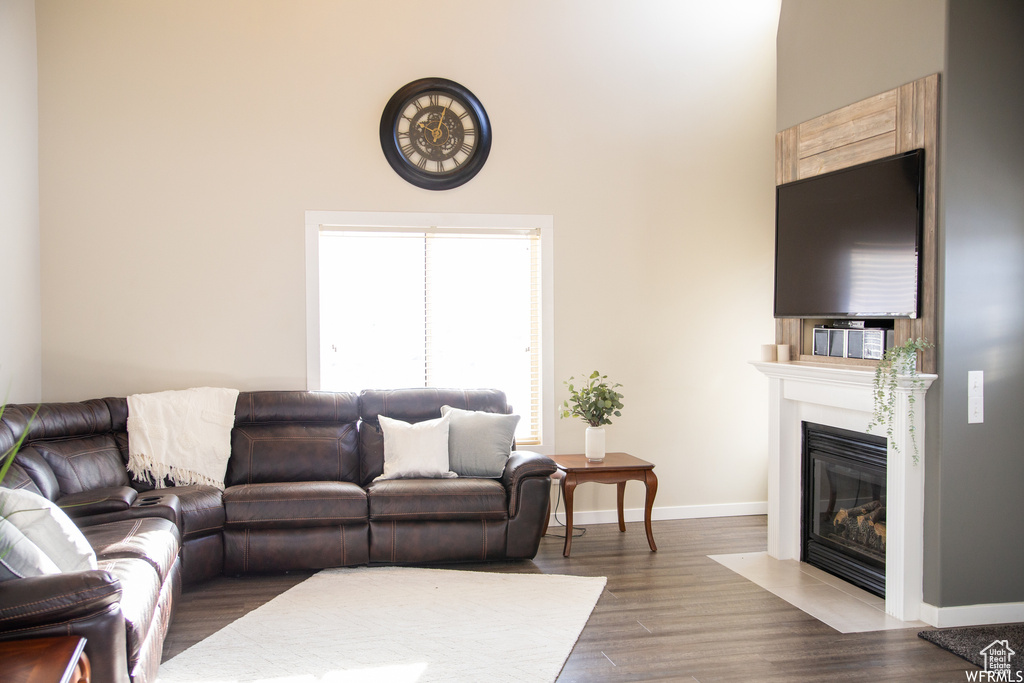 Living room with wood-type flooring