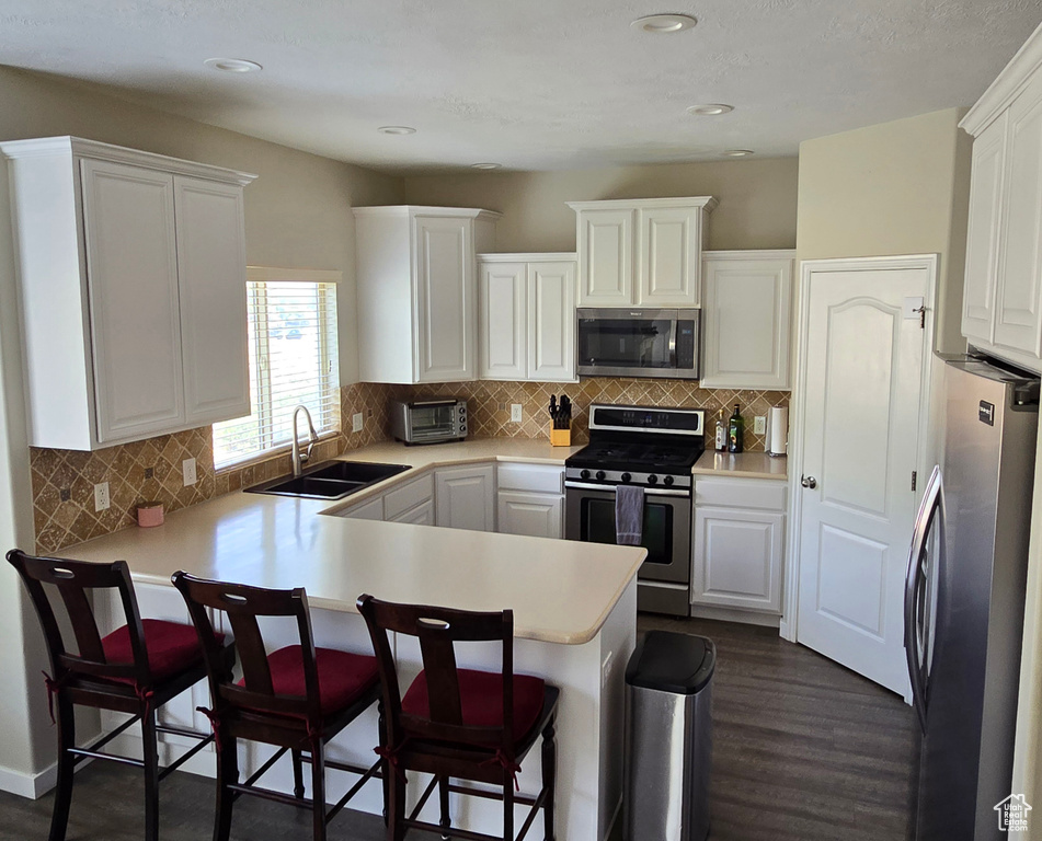 Kitchen with white cabinets, stainless steel appliances, dark hardwood / wood-style flooring, and sink