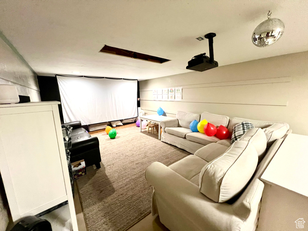 Home theater room with carpet