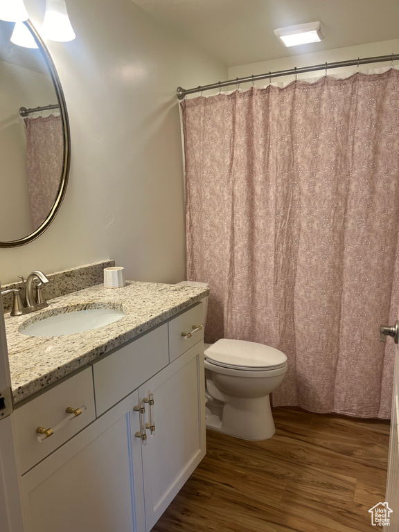 Bathroom featuring hardwood / wood-style flooring, toilet, and vanity