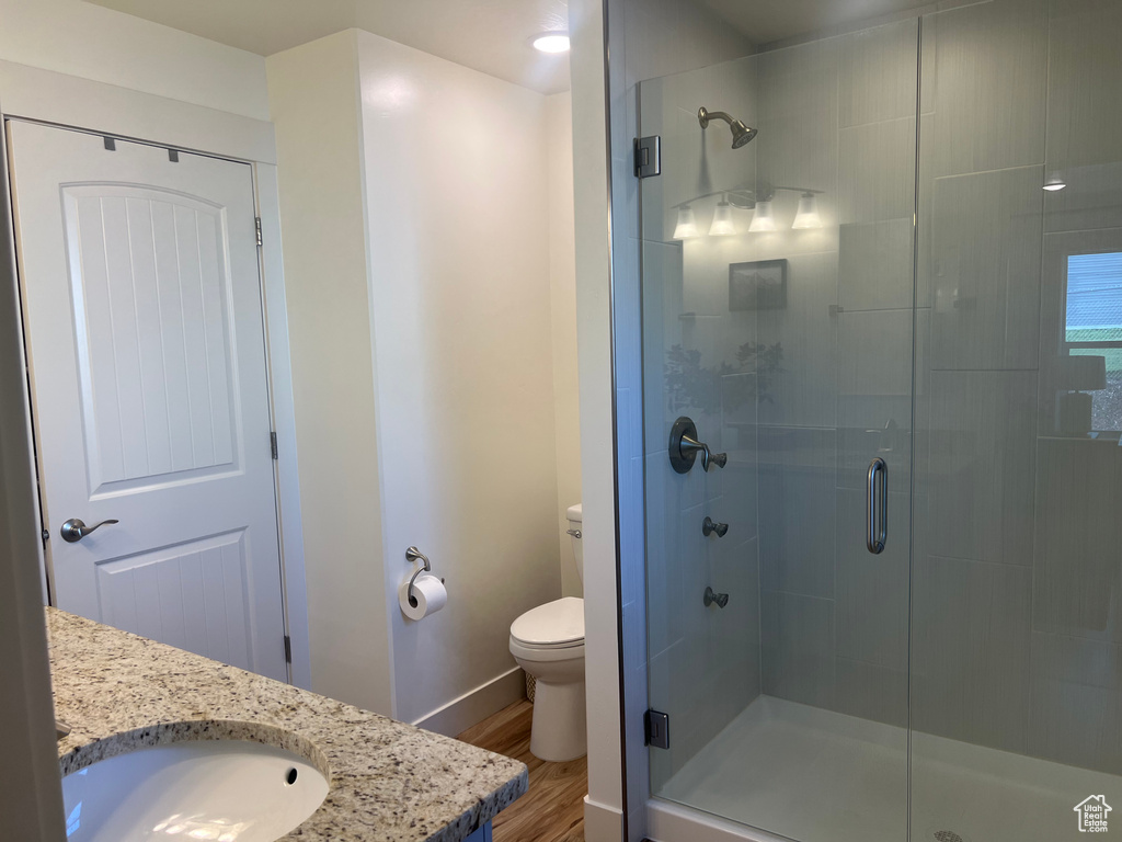 Bathroom with wood-type flooring, a shower with shower door, toilet, and vanity