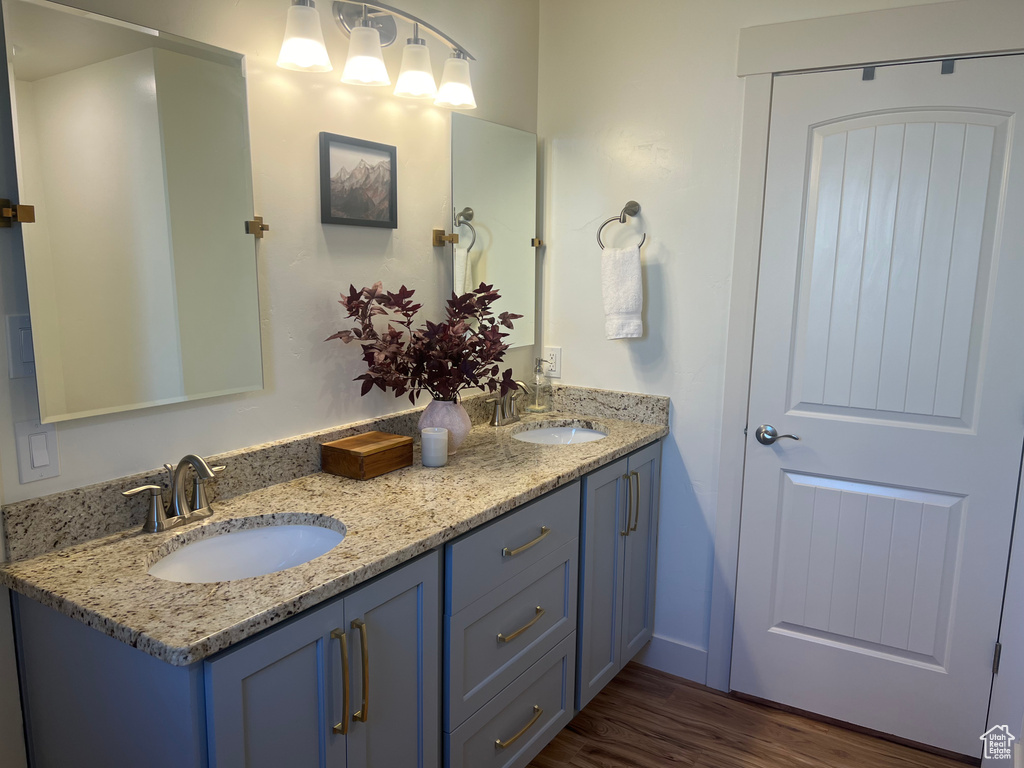 Bathroom with wood-type flooring and dual bowl vanity