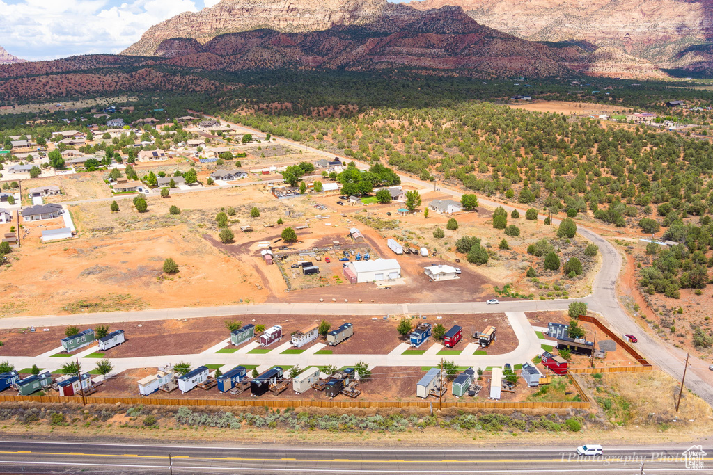 Drone / aerial view with a mountain view