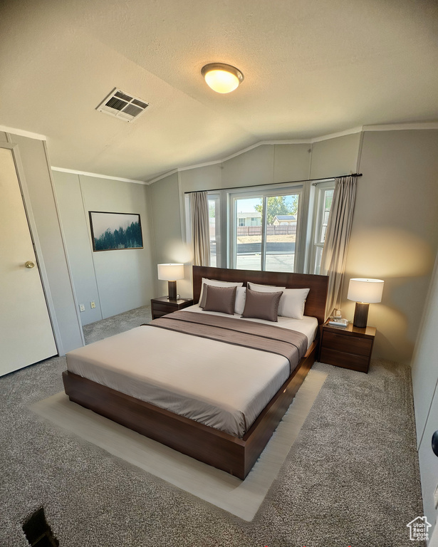 Bedroom featuring vaulted ceiling, a textured ceiling, and carpet flooring
