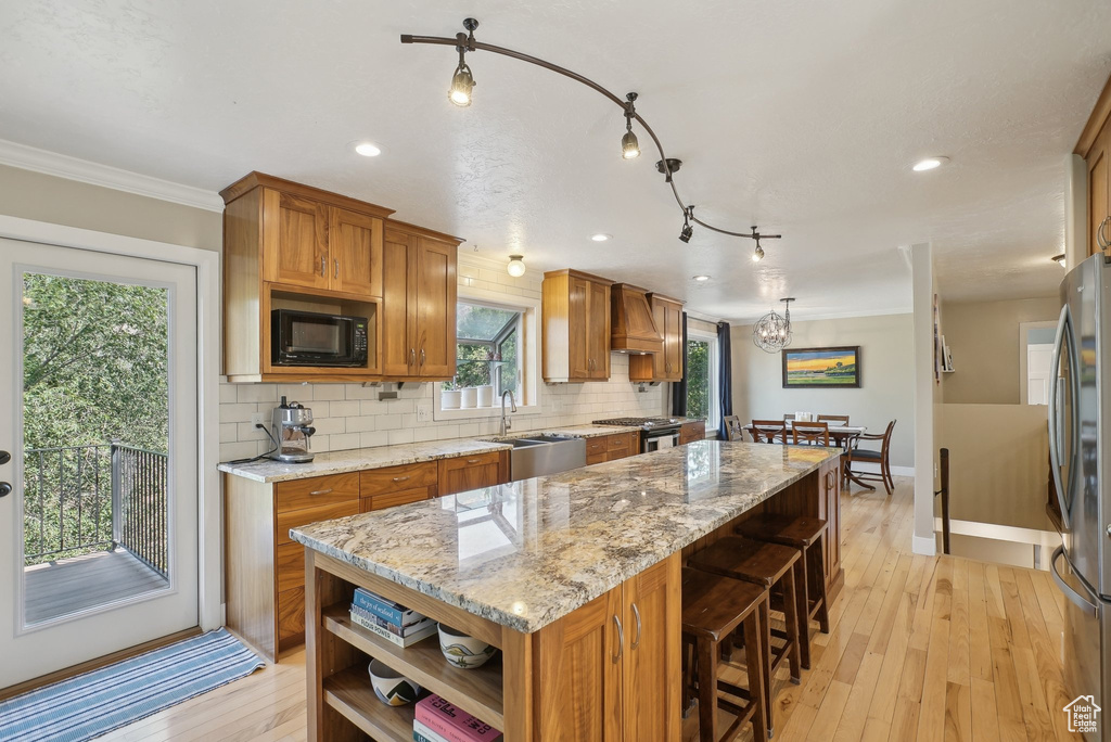 Kitchen featuring light hardwood / wood-style floors, custom exhaust hood, a wealth of natural light, and stainless steel appliances