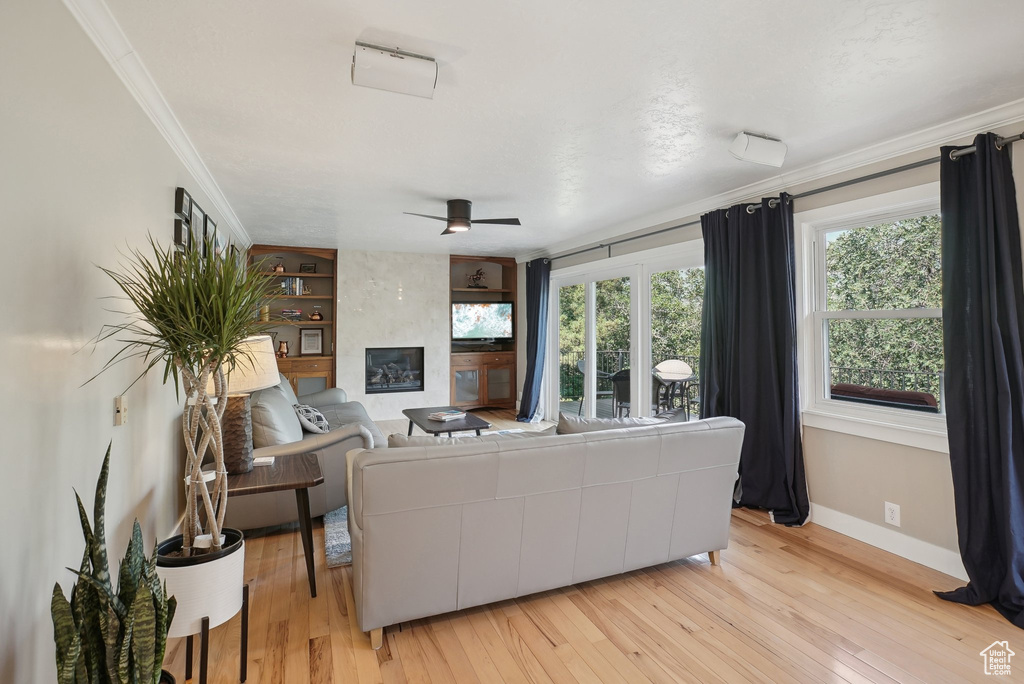 Living room with light hardwood / wood-style flooring, a premium fireplace, ceiling fan, and plenty of natural light