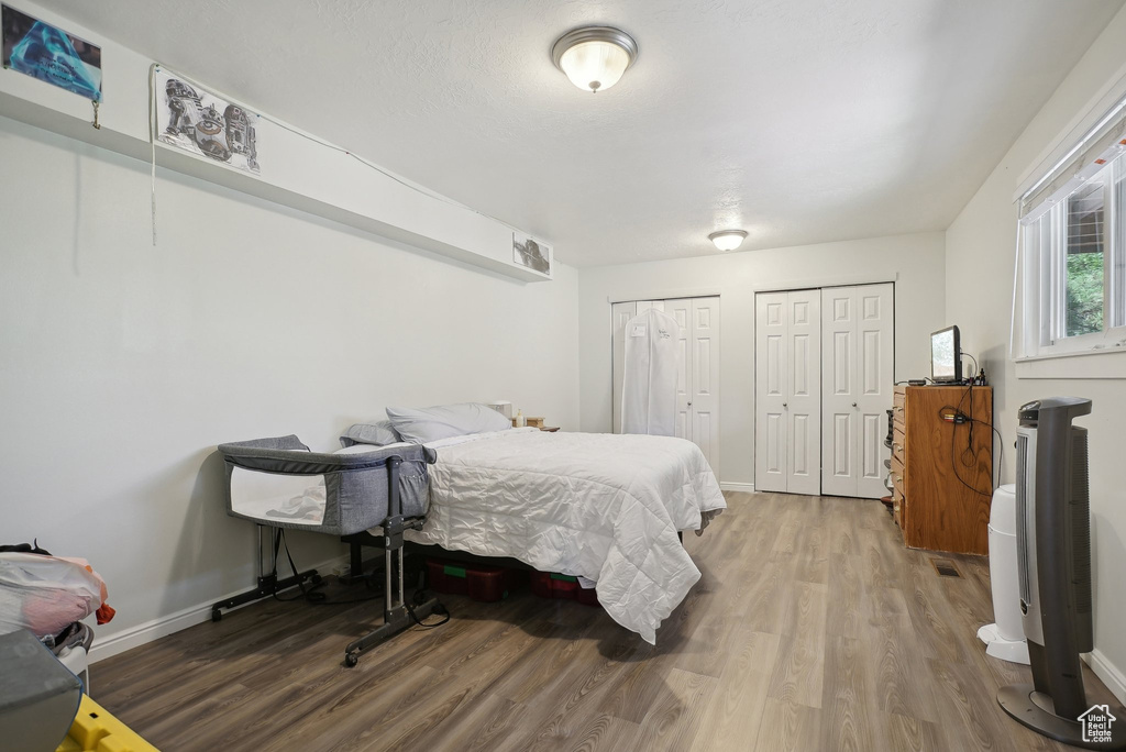 Bedroom with two closets and hardwood / wood-style flooring