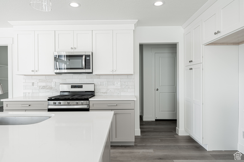 Kitchen featuring tasteful backsplash, white cabinetry, dark hardwood / wood-style flooring, and stainless steel appliances