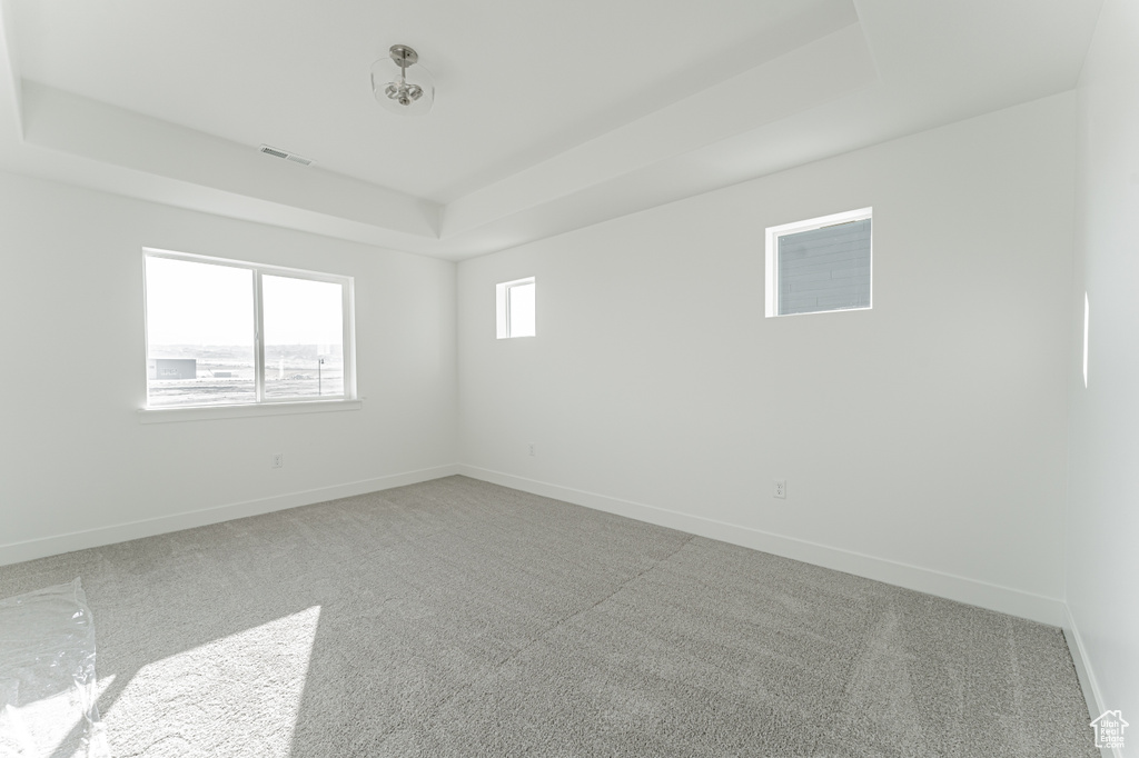 Carpeted empty room with a raised ceiling