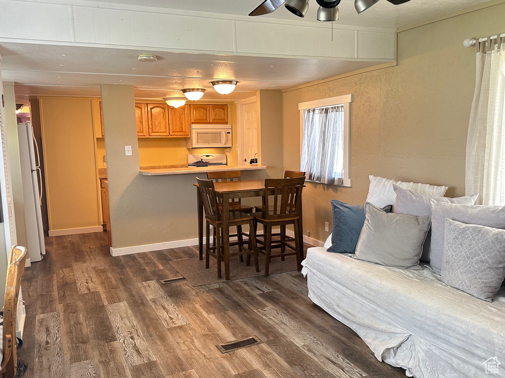 Living room with ceiling fan and hardwood / wood-style floors