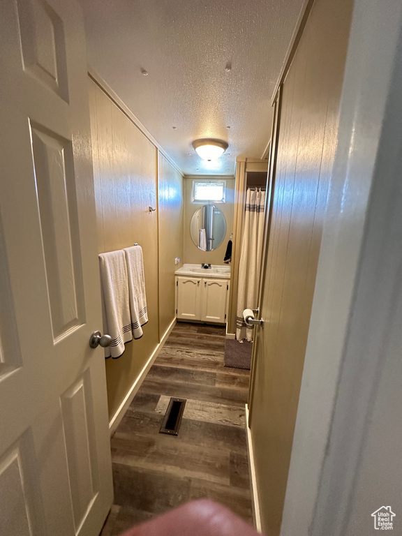 Bathroom with wood-type flooring, vanity, and a textured ceiling