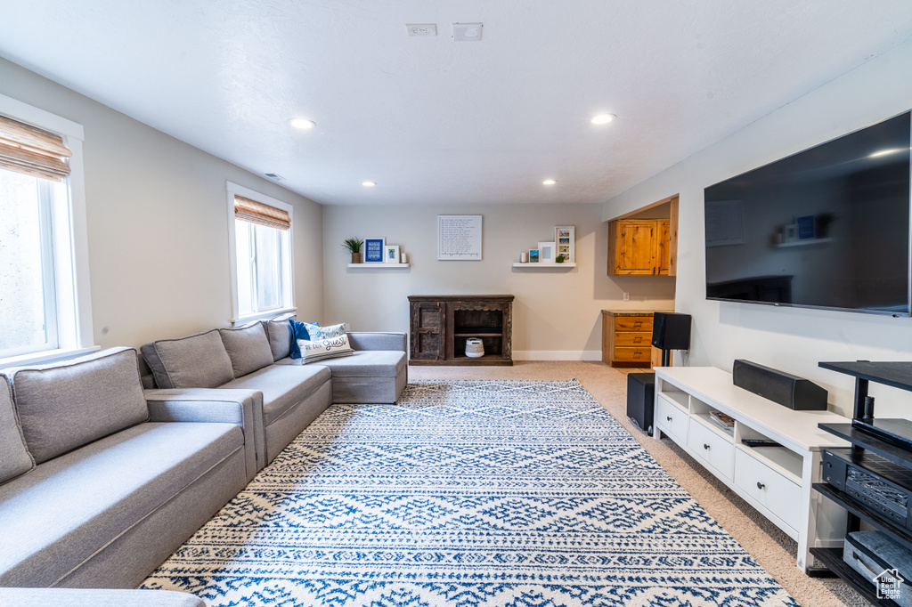 Living room featuring light carpet