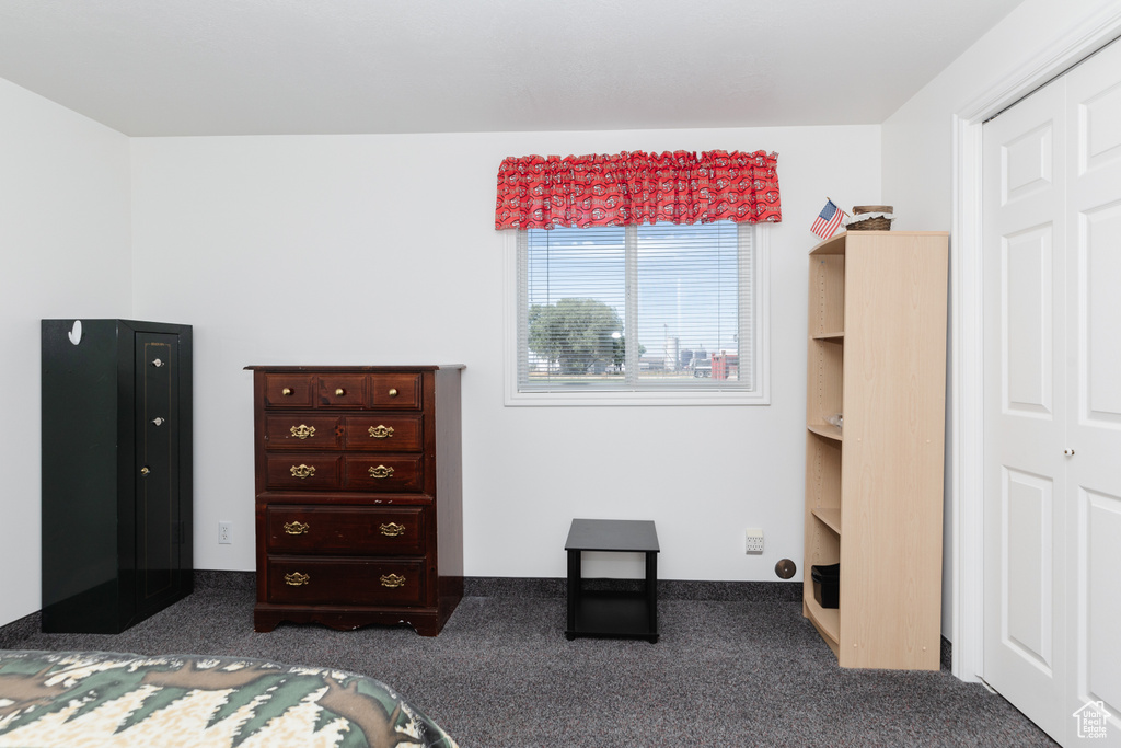 Carpeted bedroom with a closet