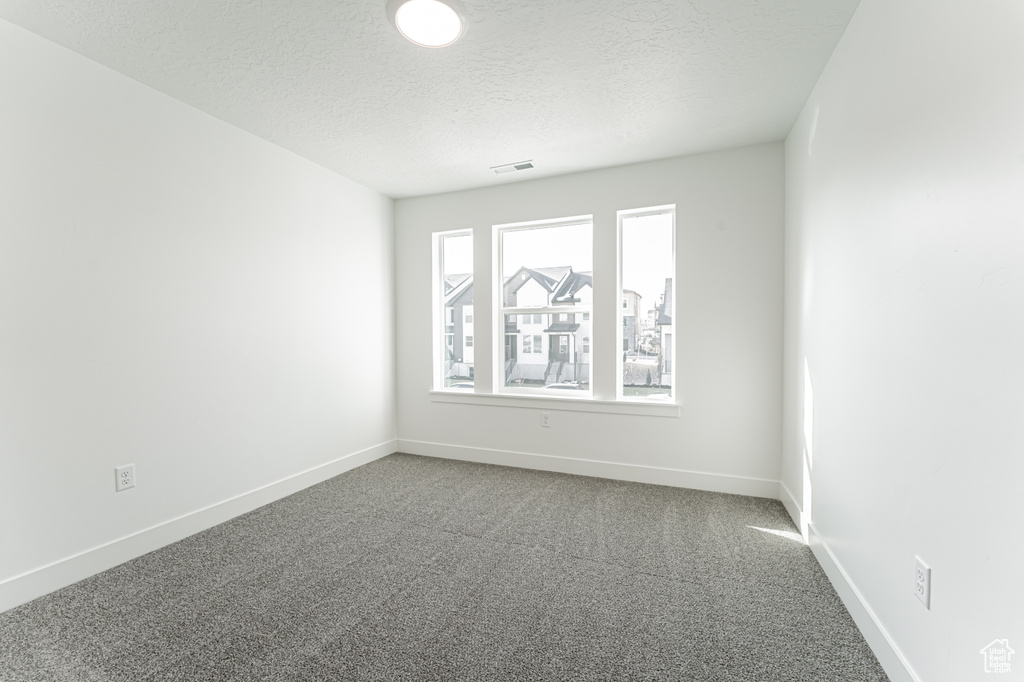 Unfurnished room with carpet and a textured ceiling
