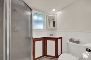 Bathroom with vanity, toilet, and walk in shower