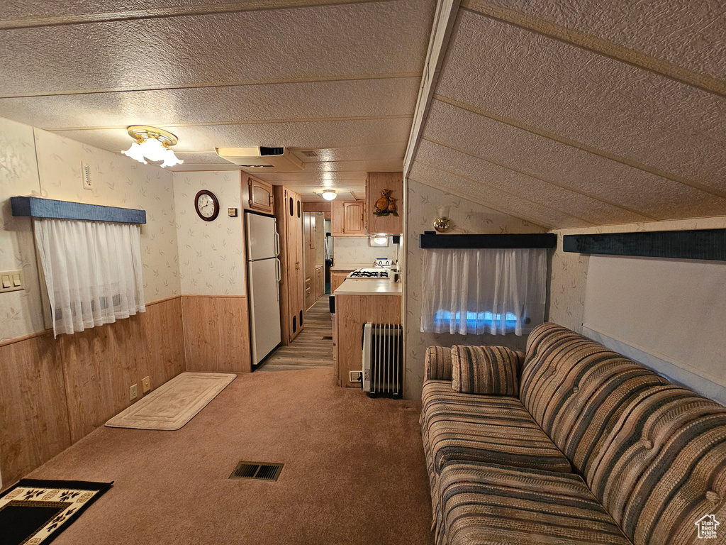 Living room featuring radiator heating unit, carpet, lofted ceiling, and a textured ceiling