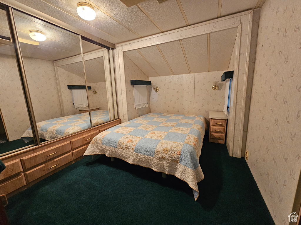 Carpeted bedroom with a closet