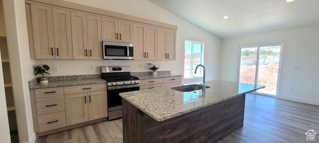 Kitchen with an island with sink, lofted ceiling, sink, and stainless steel appliances