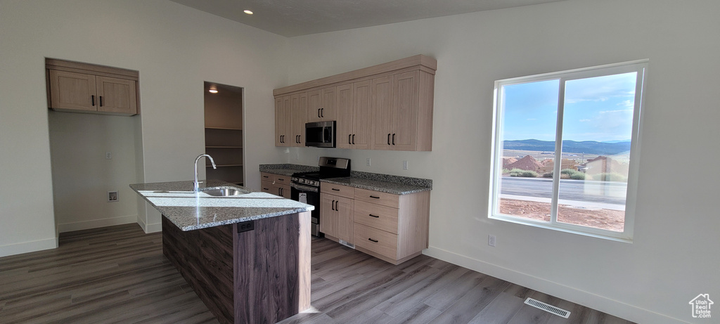 Kitchen with a mountain view, sink, stainless steel appliances, light stone countertops, and hardwood / wood-style floors