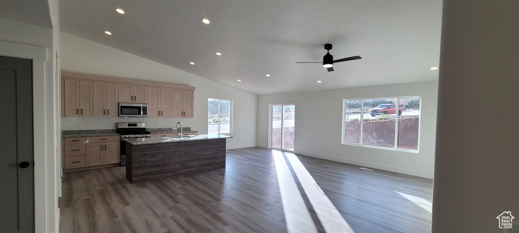 Kitchen with light brown cabinets, hardwood / wood-style flooring, appliances with stainless steel finishes, and plenty of natural light