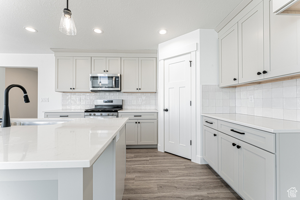 Kitchen featuring light wood-style floors, a sink, light countertops, and stainless steel appliances