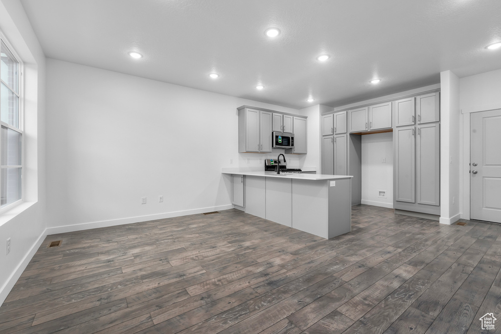 Kitchen with sink, kitchen peninsula, dark hardwood / wood-style flooring, and gray cabinets