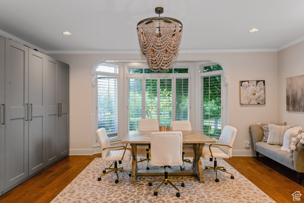 Dining room with ornamental molding and dark hardwood / wood-style floors