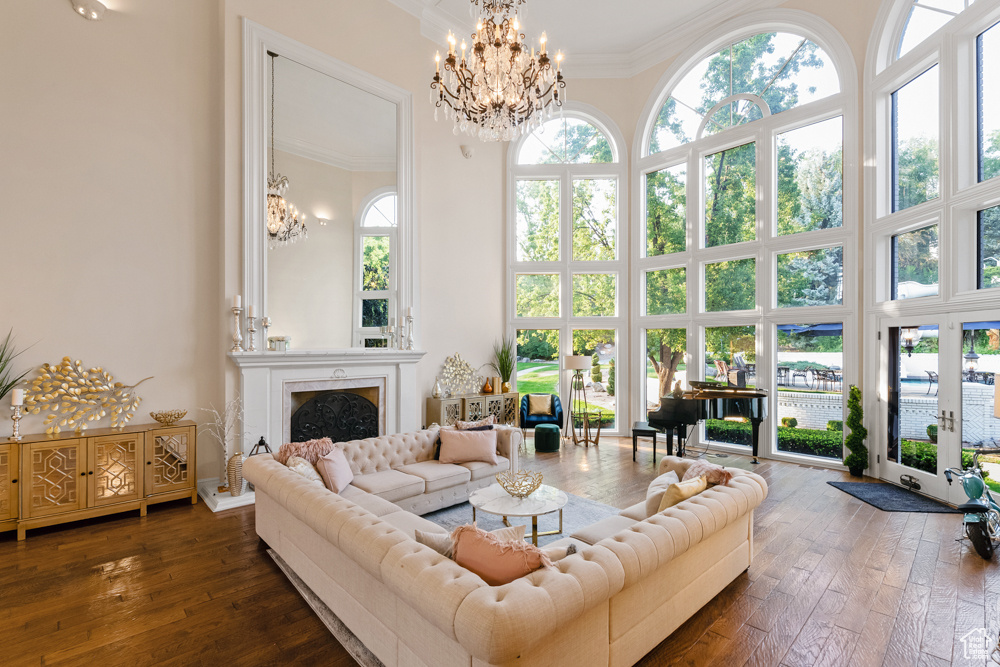 Living room with dark wood-type flooring, a premium fireplace, and a wealth of natural light