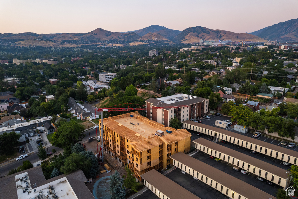 Aerial view at dusk with a mountain view