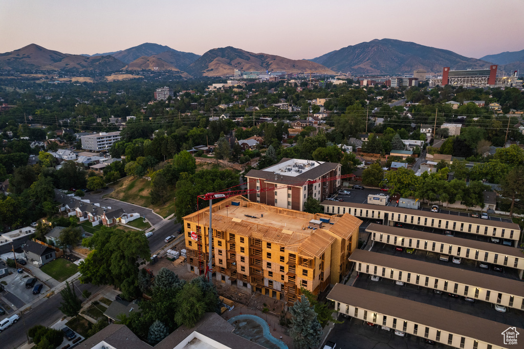 Aerial view at dusk with a mountain view